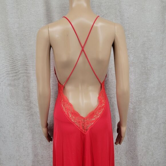 Vintage Nightgown Elegant Red Spaghetti Strap Slip Dress Open Back Lace - Picture 6 of 14
